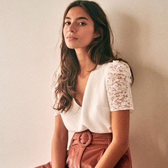 Sezane Tops - Sezane Colette Blouse Ecru Lace Puff Sleeves White Size US 2 FR 34 V-Neck Top